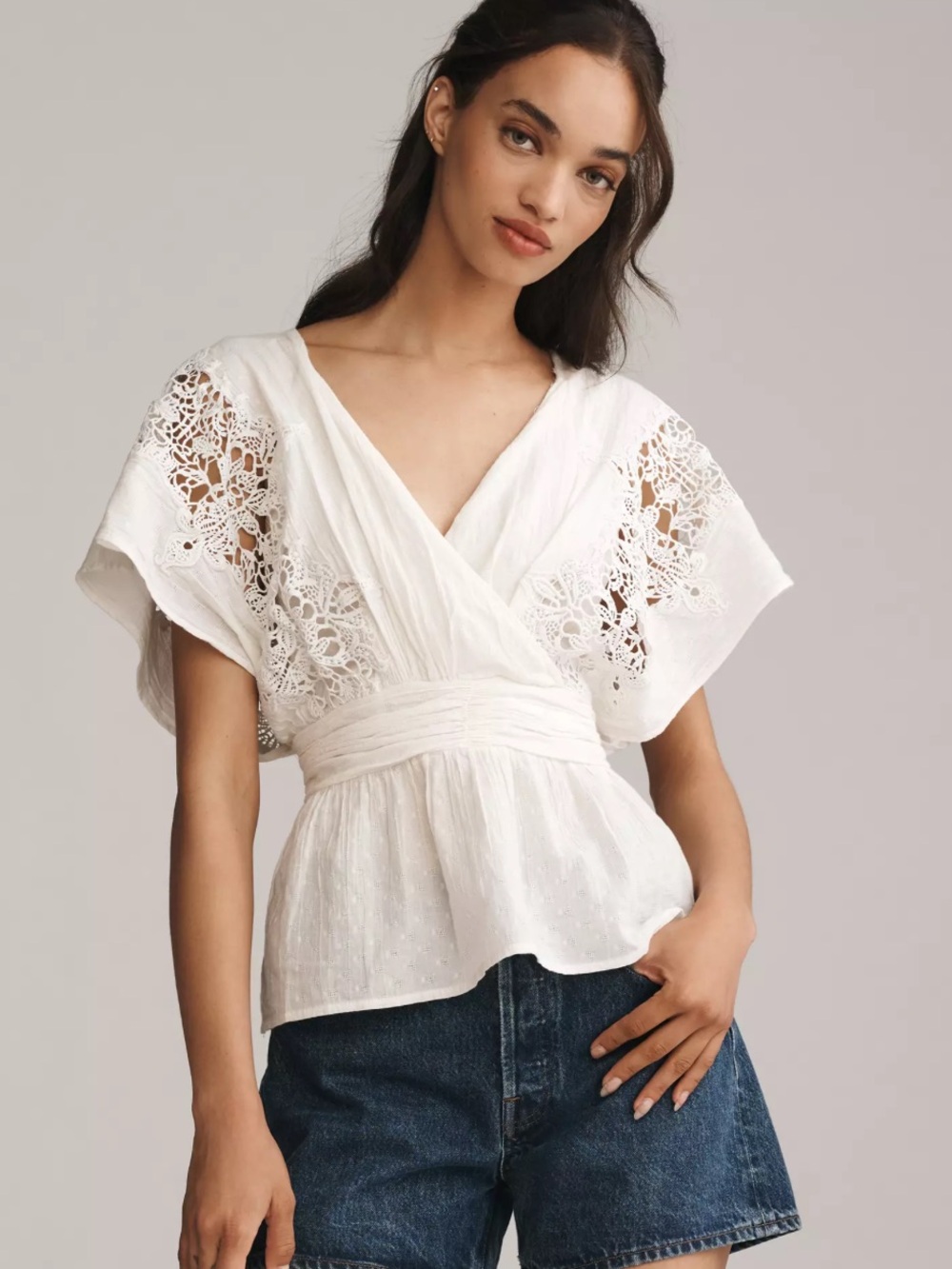 NWOT Maeve White Eyelet Lace Surplice Blouse